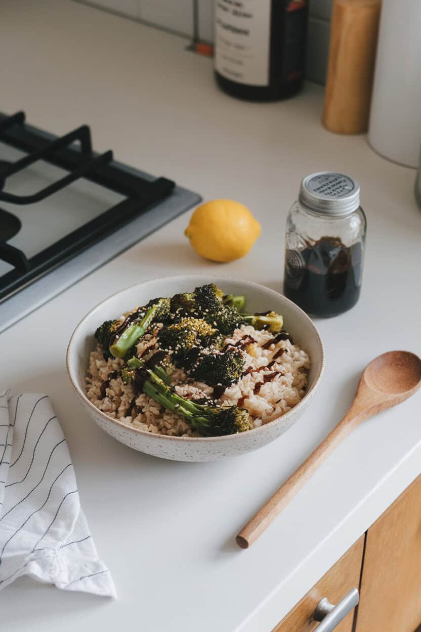 Indoor kitchen counter featuring a bowl of short-grain brown rice mixed with roasted broccolini, sesame seeds, and soy-ginger drizzle. No logos. Photo.