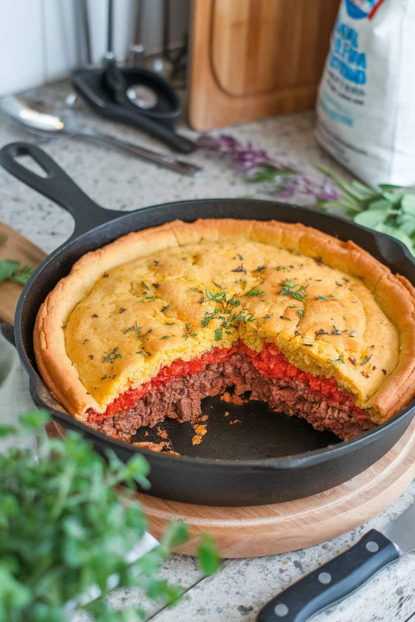 Indoor countertop scene with a skillet of tamale casserole: beef and tomato filling topped with golden cornbread, a slice removed to reveal layers. Photo only, no text or logos.