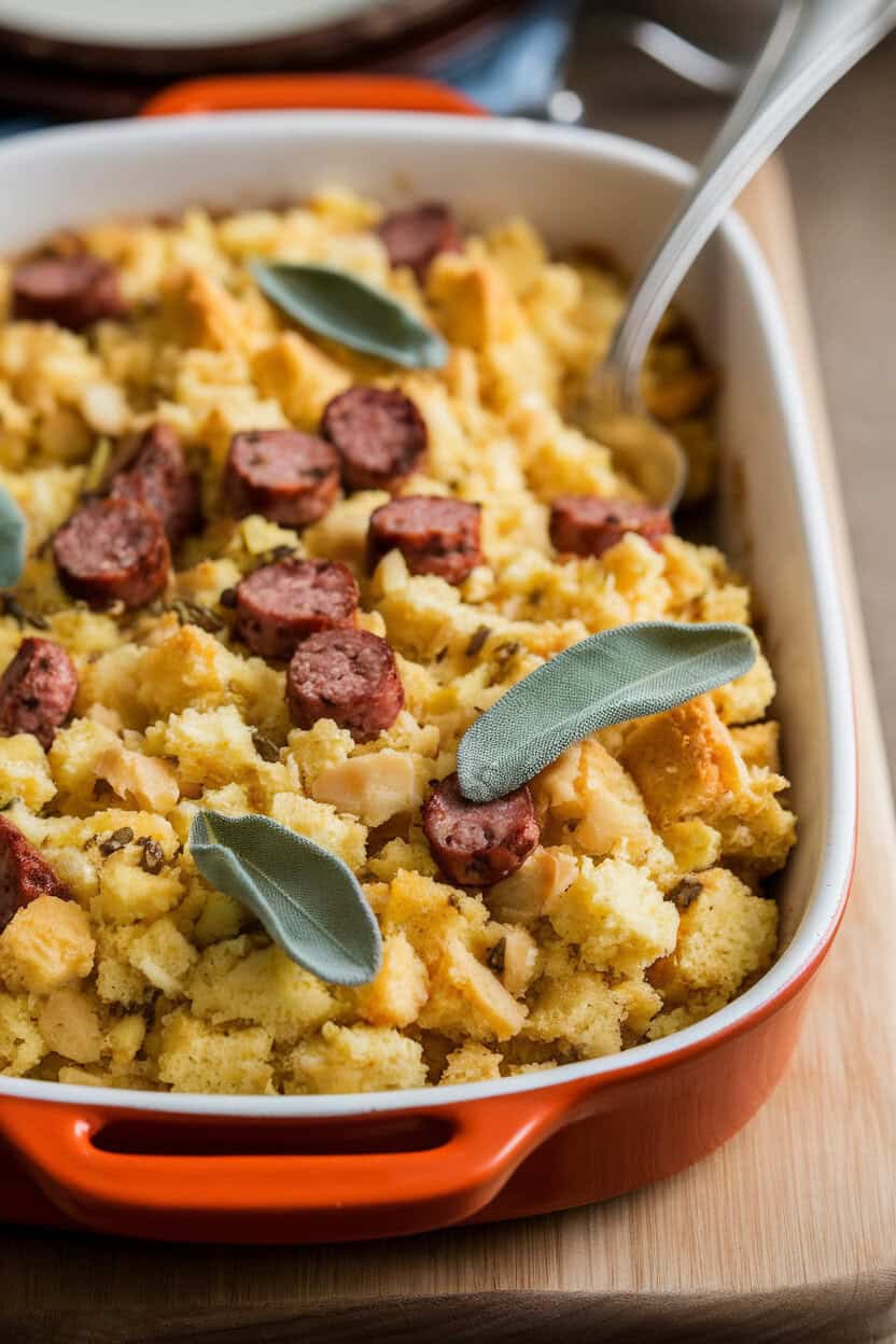 An indoor casserole dish of golden cornbread dressing dotted with browned sausage and sage leaves, serving spoon inserted. No text or logos. Photo, not illustration.
