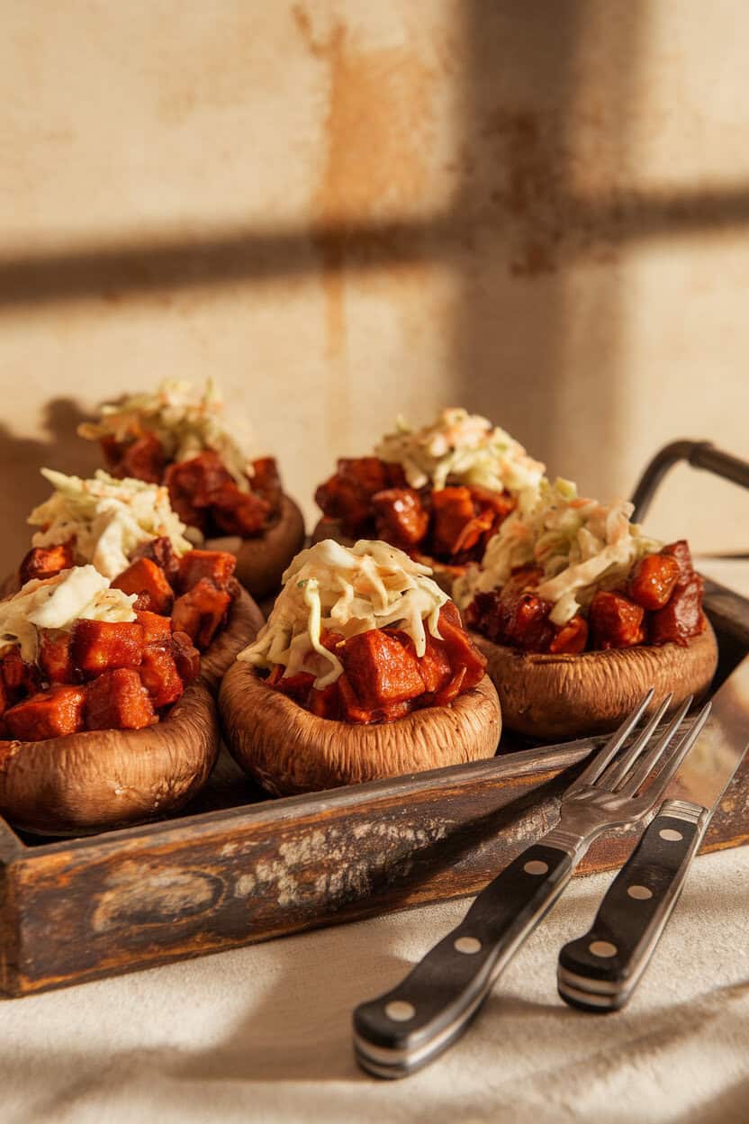 Photo of an indoor rustic wooden tray with mushrooms filled with saucy BBQ jackfruit topped with a small mound of creamy coleslaw. No text or logos present.