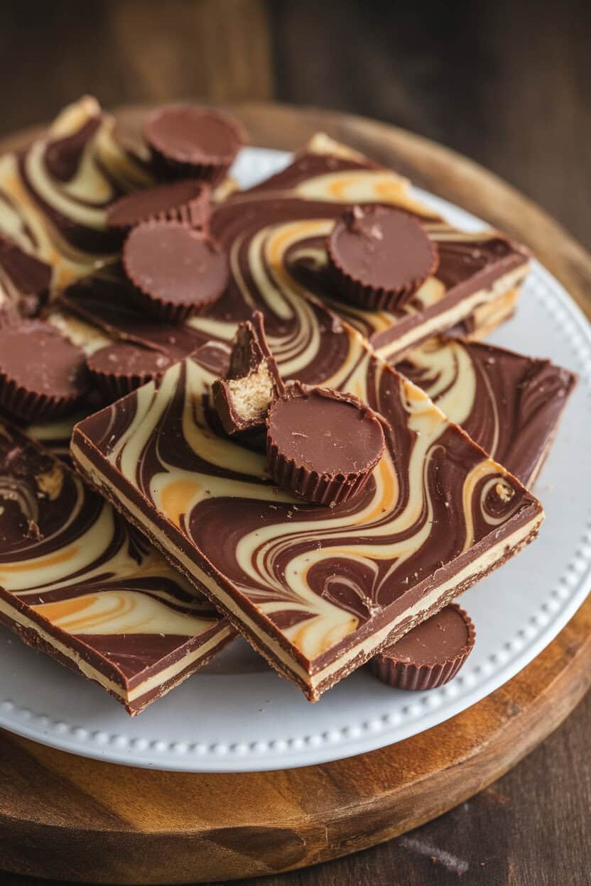 Indoor photo of cracker toffee layered with milk chocolate and swirled peanut butter, mini peanut butter cups chopped on top. No text or logos.