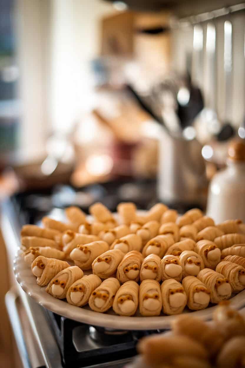 A warmly lit indoor kitchen counter featuring a white platter of puff-pastry wrapped mini hot dogs with tiny mustard eyes, arranged in neat rows. Shallow depth of field, no text or logos visible.