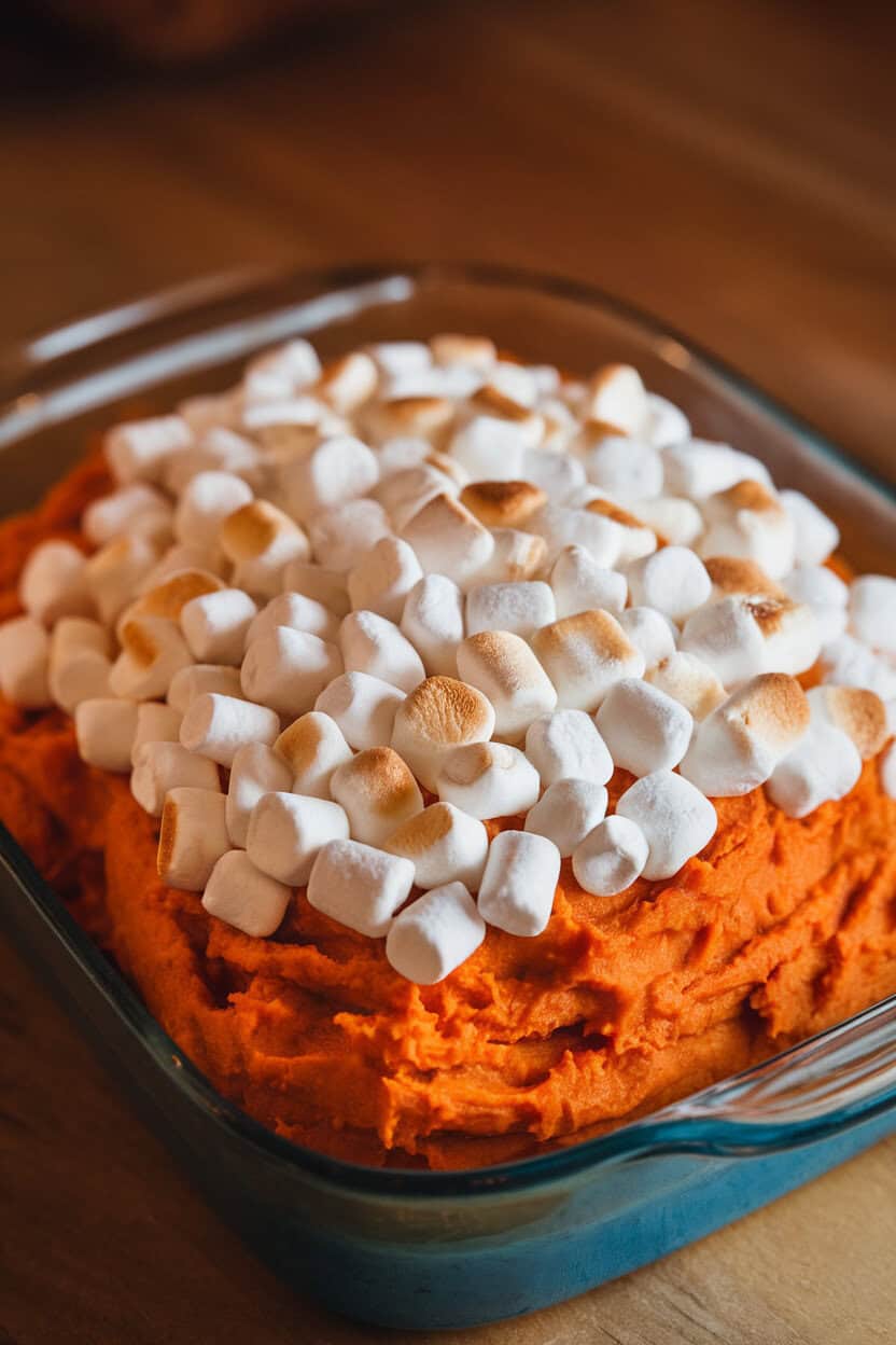 An indoor baking dish of mashed sweet potatoes topped with lightly browned mini marshmallows; photo, no text or logos.