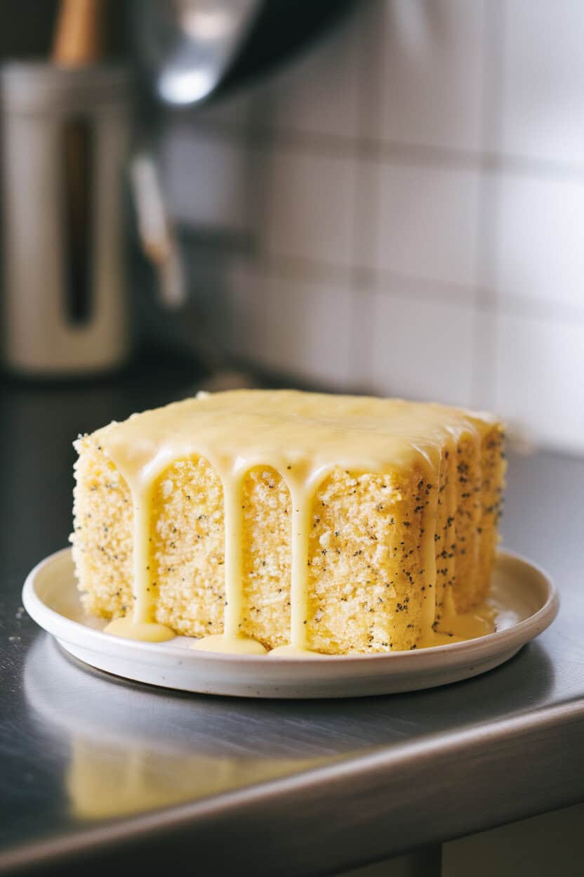 Indoor kitchen counter presenting a square of lemon sheet cake dotted with poppy seeds and topped with zesty lemon glaze dripping down the edge. Photo, no logos or text.