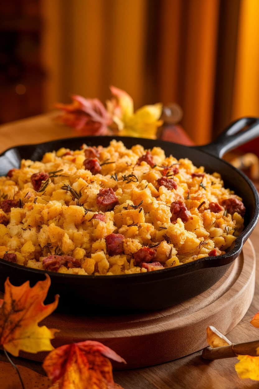 A cast-iron skillet brimming with cornbread dressing studded with sausage pieces and herbs, warm indoor lighting, no logos.