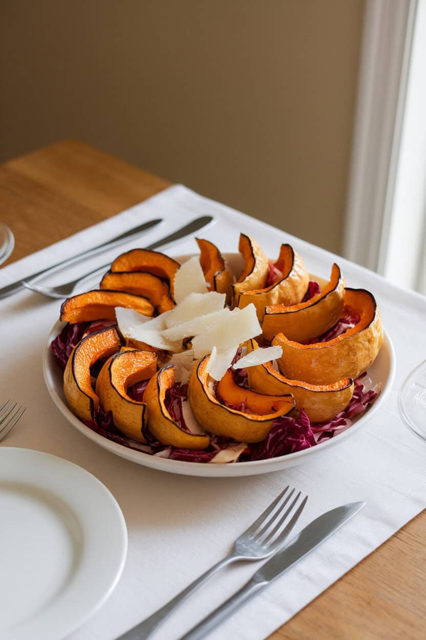Indoor dining table showing crescent rings of roasted delicata squash arranged over chopped radicchio with shaved Parmesan. No text or logos. Photo.