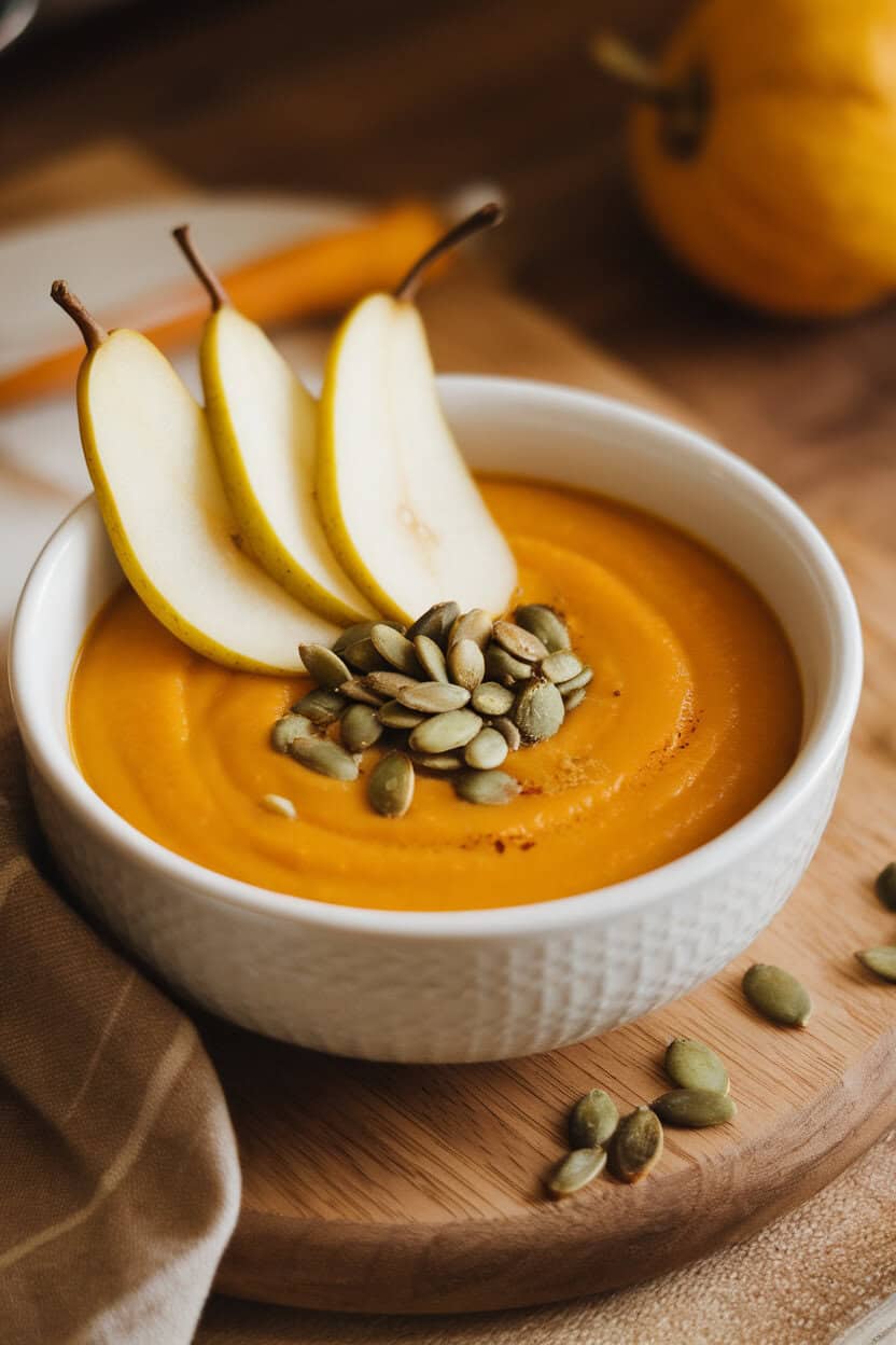 Indoor shot of golden squash soup served in a white bowl, garnished with thin pear slices and toasted pumpkin seeds. No text or logos