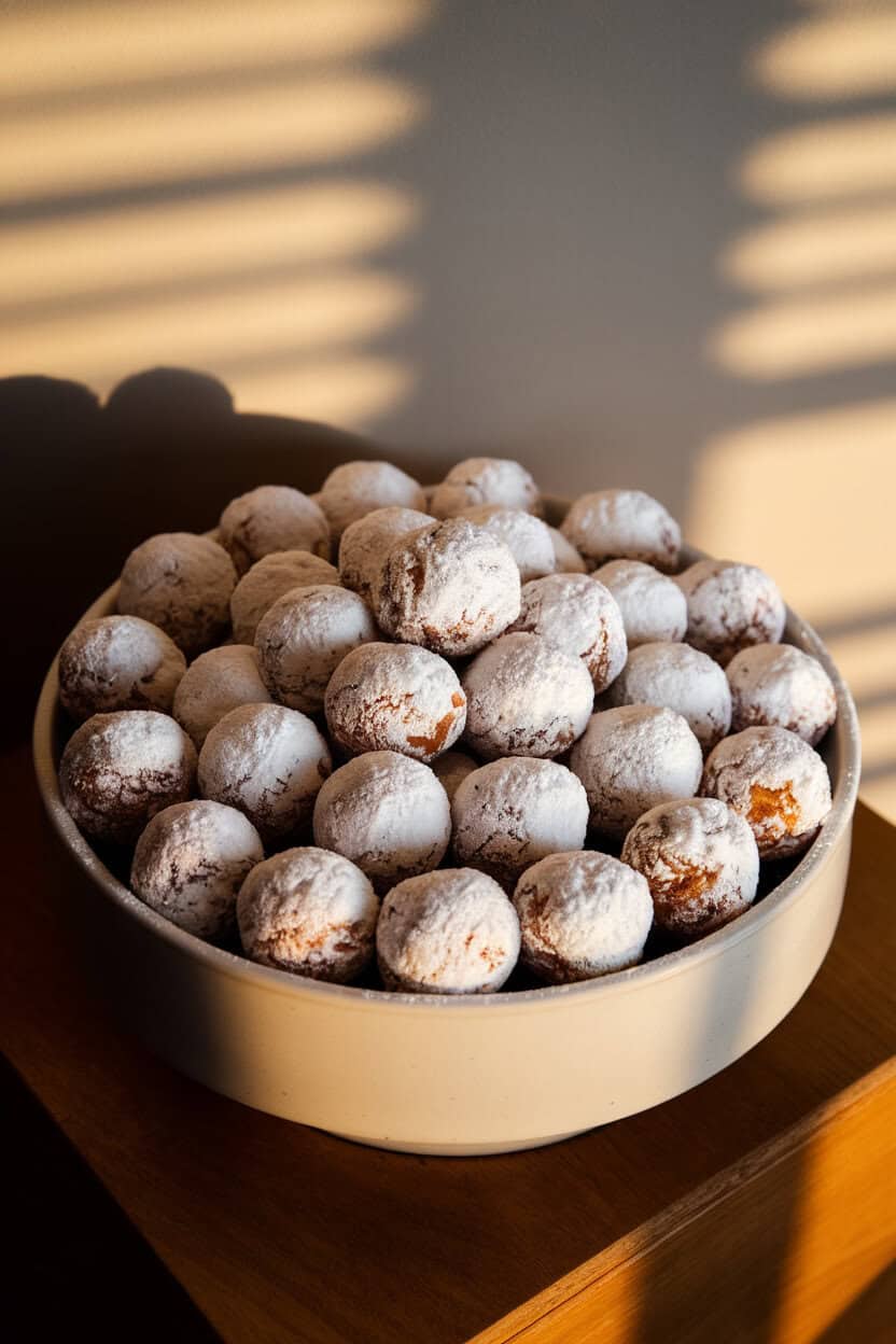A white ceramic bowl brimming with round pecan snowball cookies, each coated in a thick layer of powdered sugar, photographed indoors with gentle side lighting. No text or logos. Photo, not illustration.