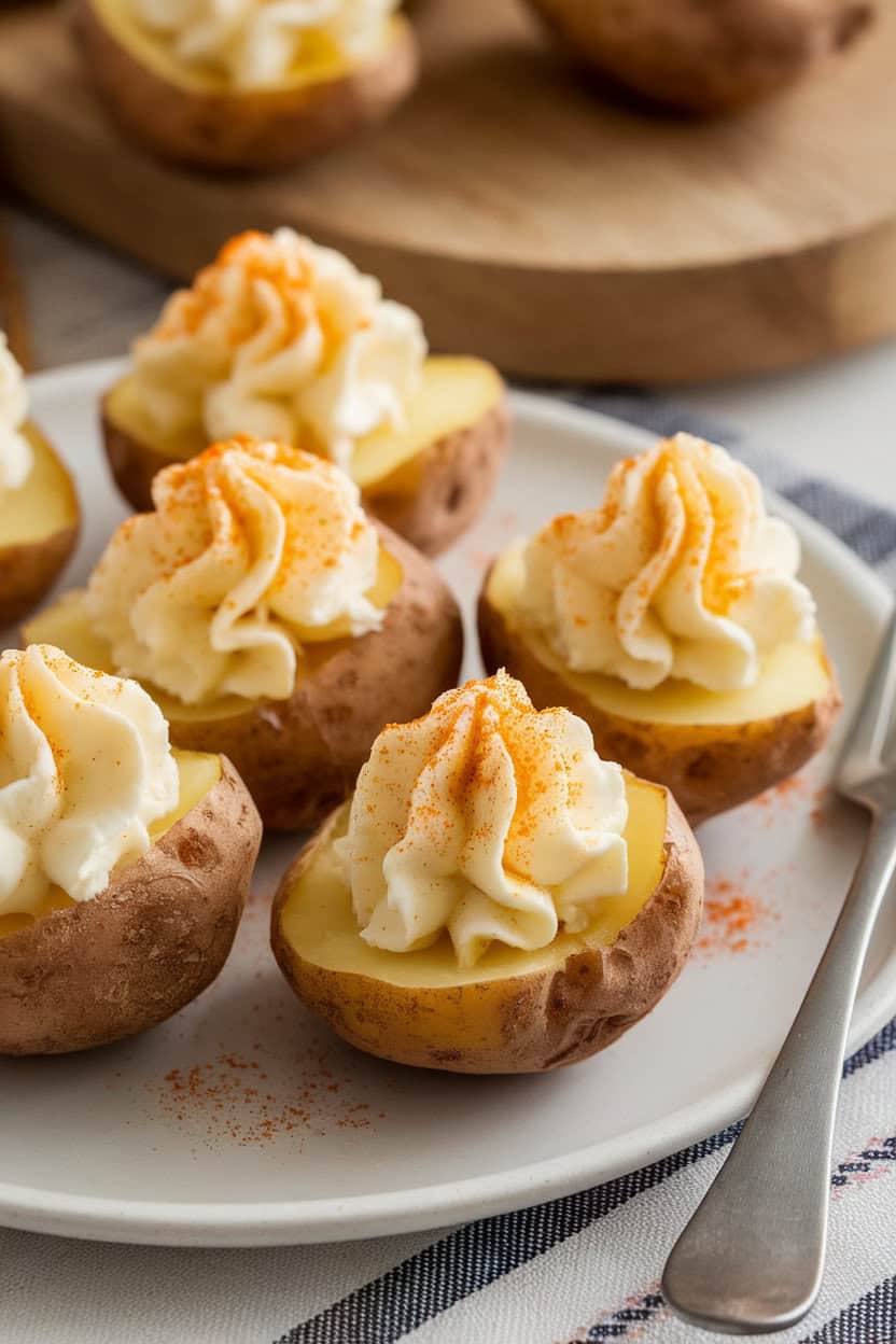 Photo of halved baby potatoes indoors with fluffy deviled egg filling piped inside, sprinkled with paprika; no text or logos