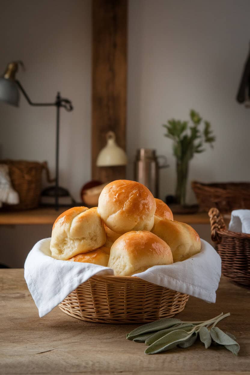 A basket on an indoor table piled with fluffy golden dinner rolls brushed with brown butter, sage leaves beside—no text or logos.