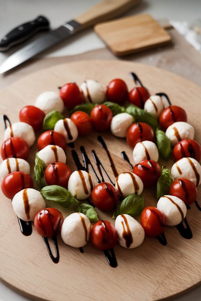 Indoor photo of a circular arrangement of cherry tomatoes, mozzarella balls, and basil leaves, drizzled with balsamic glaze. No text or logos.