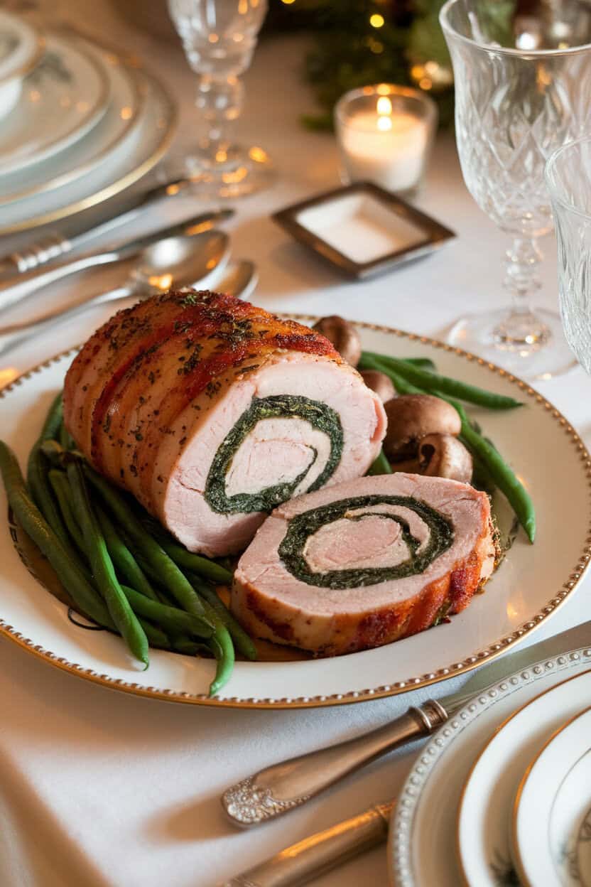 A photo of bacon-wrapped pork loin sliced to reveal a spinach-feta swirl, set on an indoor dinner table with holiday china; no visible branding or text.