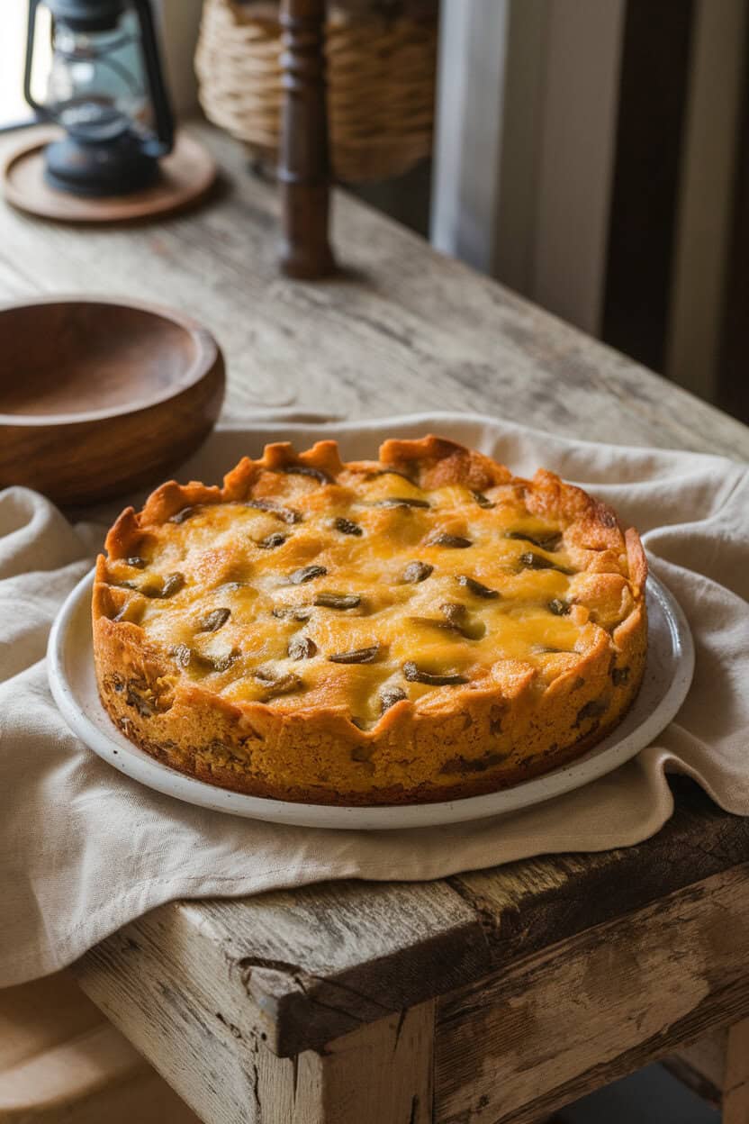 Rustic indoor table showing a cornbread-based casserole flecked with green chiles and melted cheddar, edges slightly toasted. No logos or text. Photo.