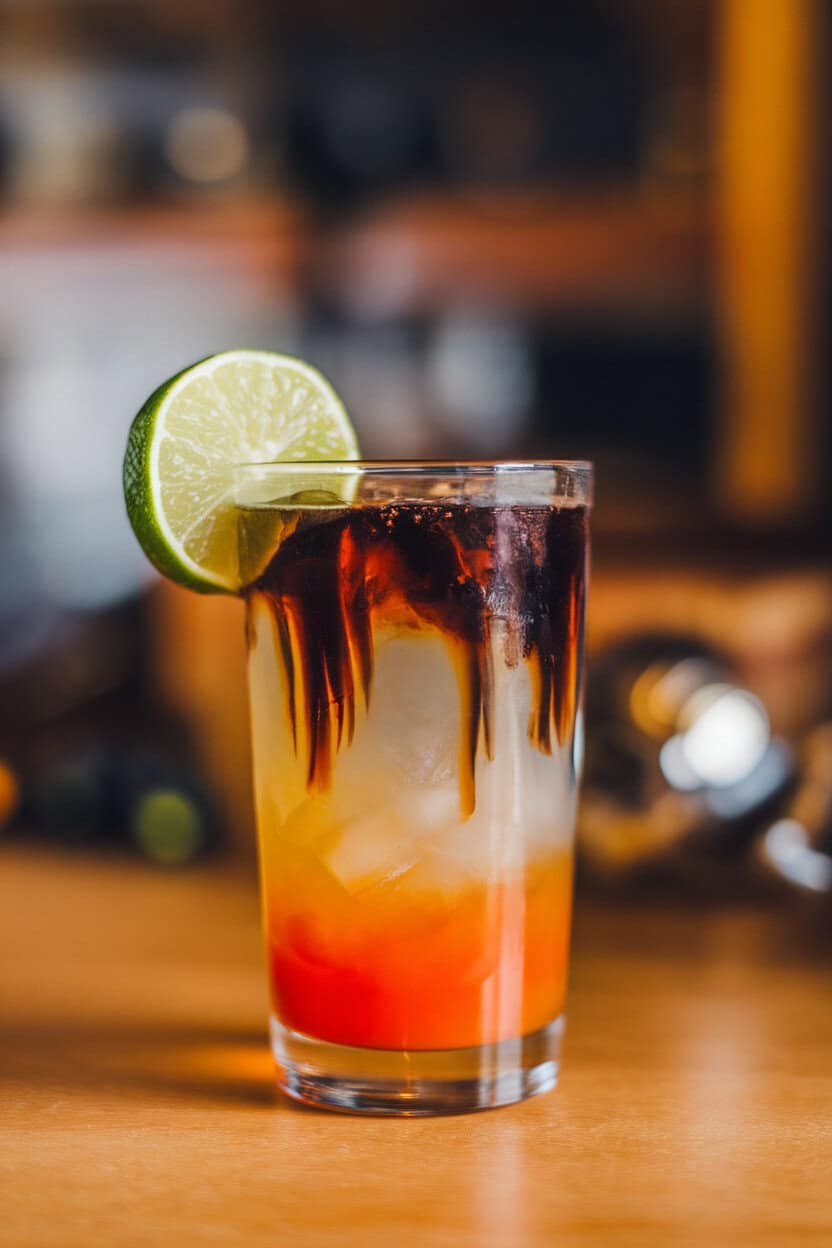 Indoor tall glass layered with dark rum cascading into vivid orange base, lime wheel perched on rim. No logos.