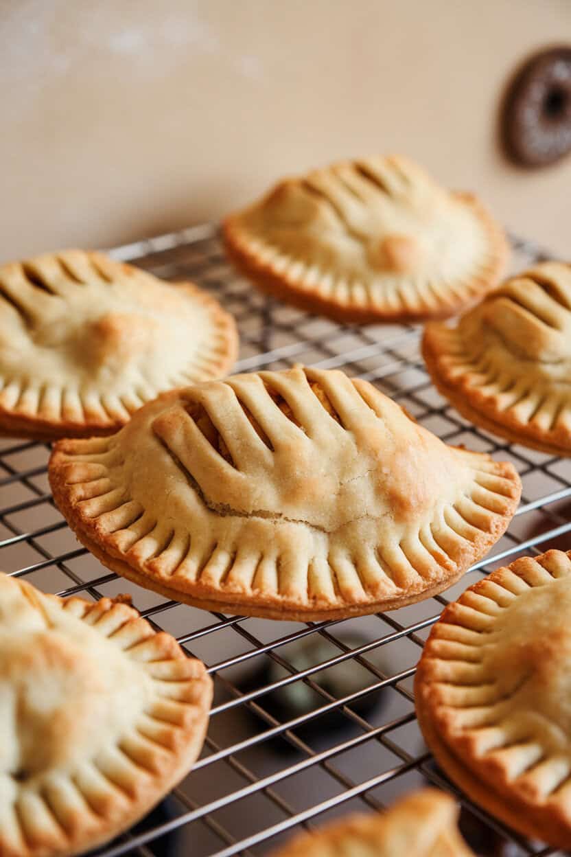 Half-moon apple hand pies with crimped edges and vent slits, cooling on an indoor wire rack. No text or logos. Photo, not illustration.