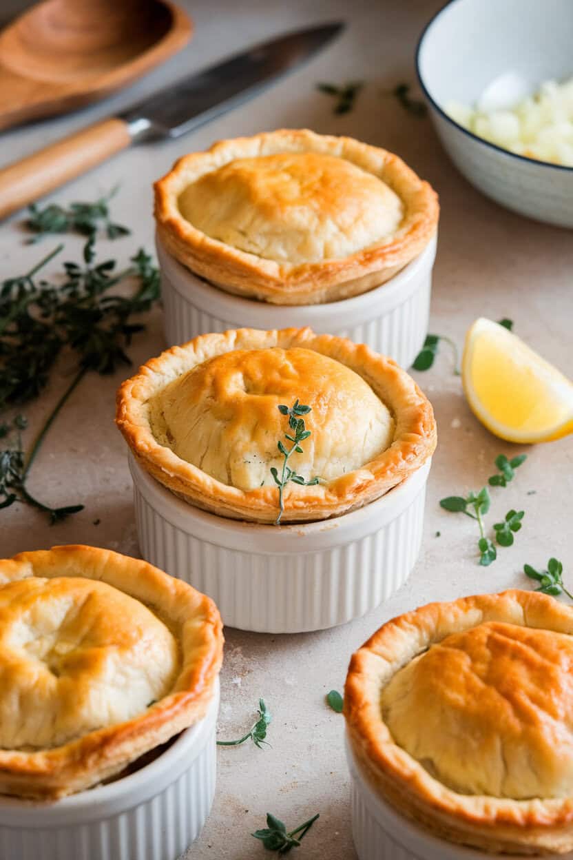Individual ramekins of bubbling chicken pot pie crowned with golden puff pastry lids, on an indoor counter. No text or logos; photo, not illustration.
