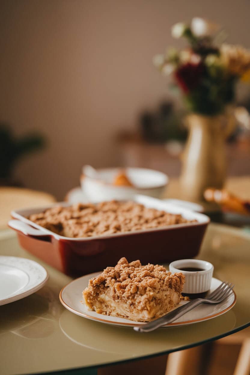 An indoor dining table with a casserole topped by crumbly cinnamon streusel, powdered sugar dusted lightly, one square plated alongside maple syrup. No text or logos. Photo.
