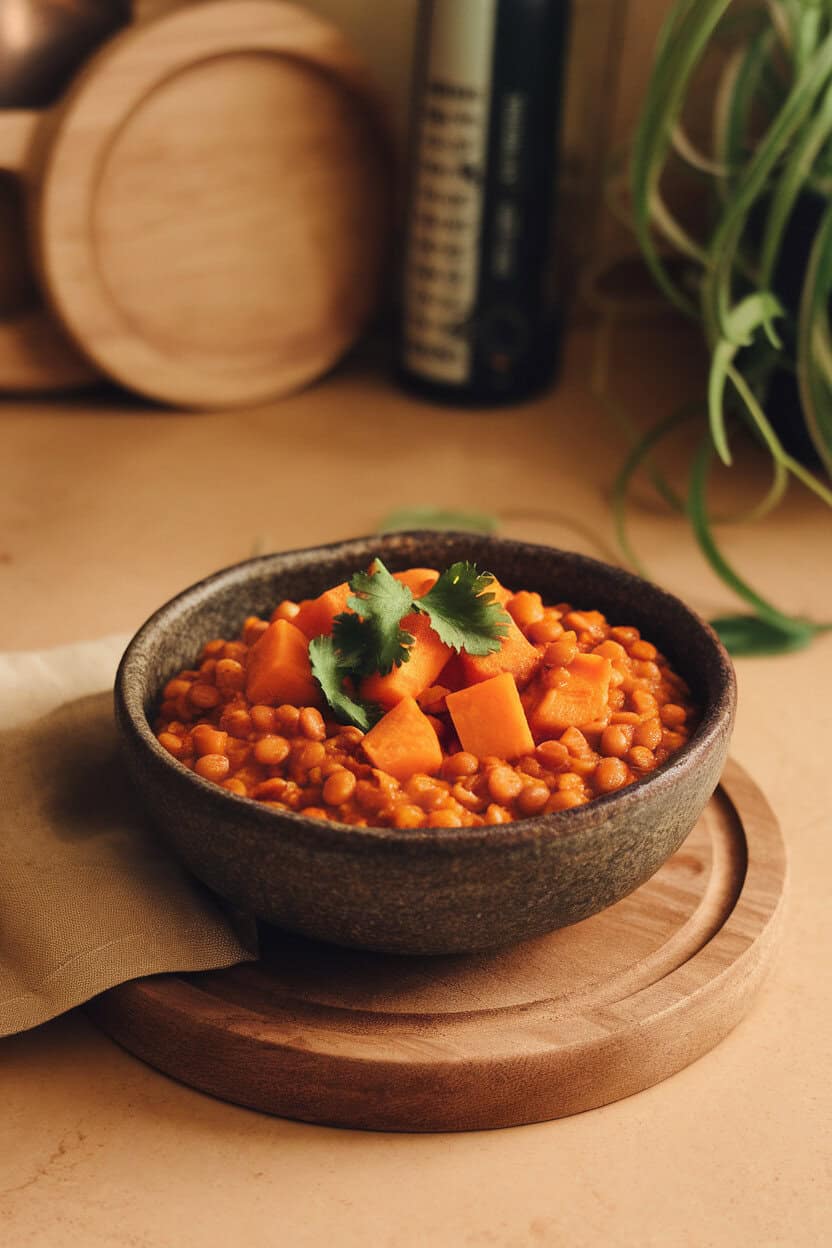 Photo of a rustic bowl filled with orange lentil dal studded with sweet potato cubes, cilantro sprinkled on top, set on an indoor kitchen counter. No text or logos.