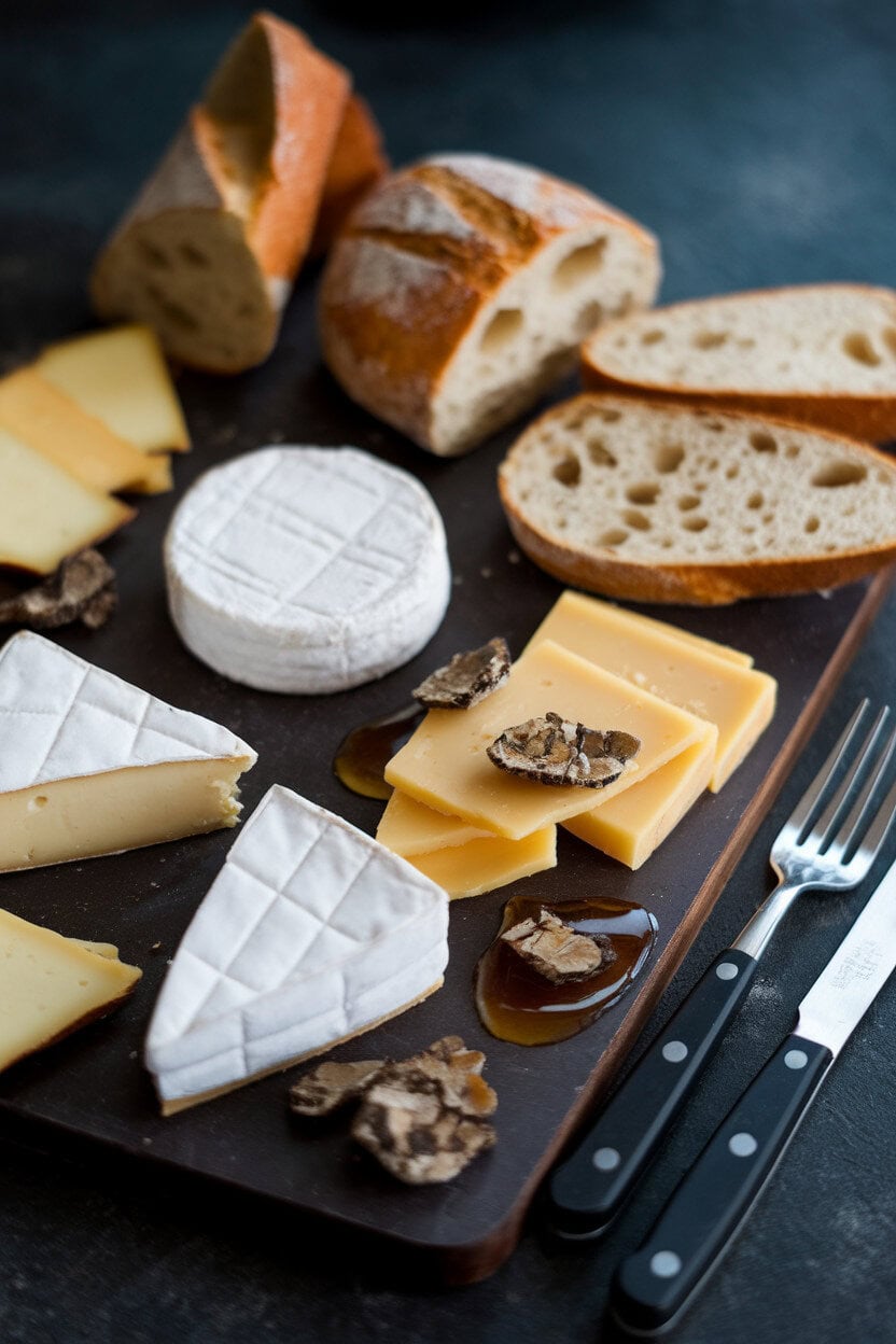 Indoor photo of triple-cream brie wedges, camembert rounds, soft goat cheese, baguette slices, and a drizzle of truffle honey on a dark board. No text or logos. Photo, not illustration.