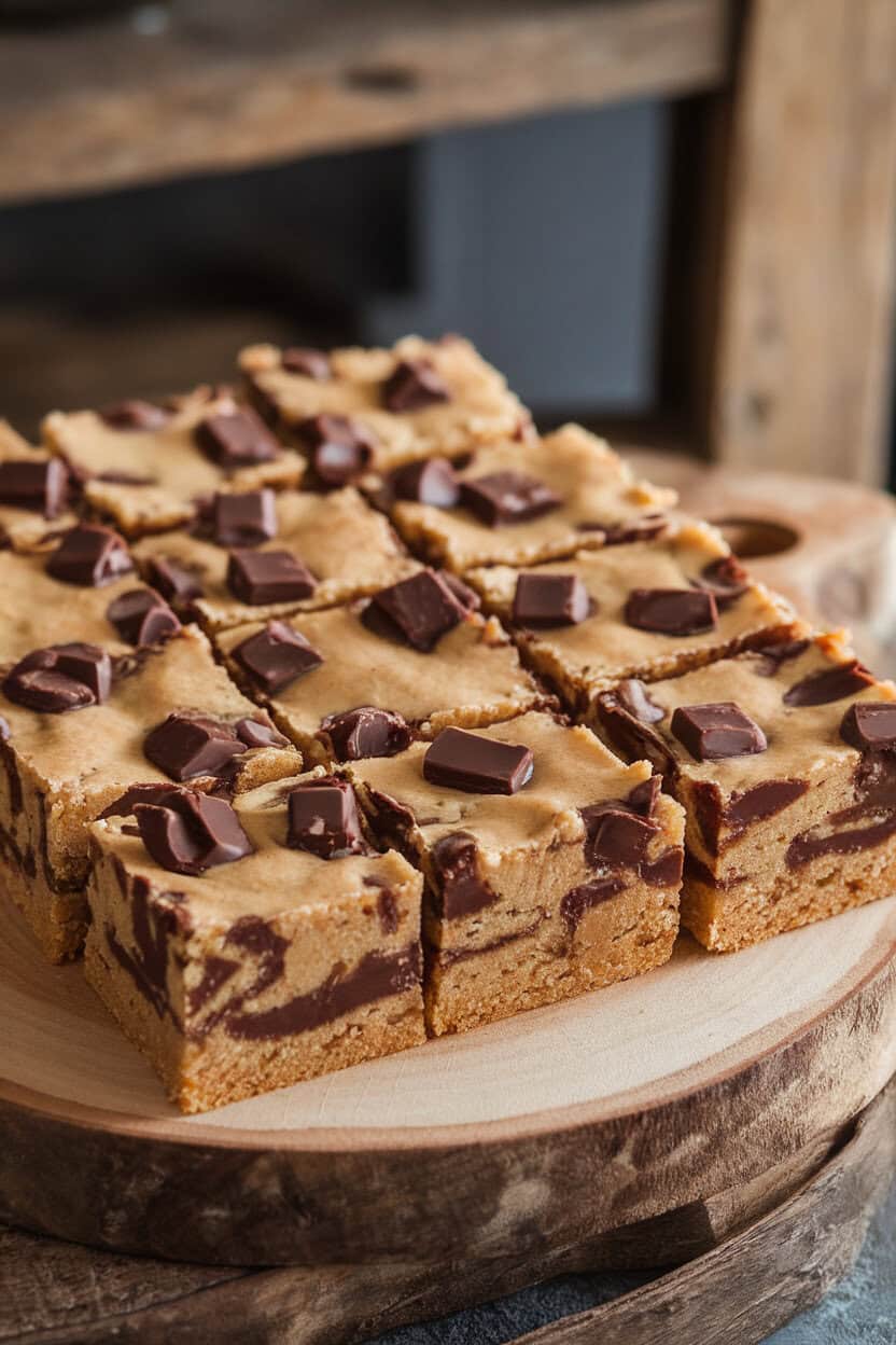 Indoor shot of square blondie bars studded with chocolate chunks, a hint of bourbon glaze on top, arranged on a wooden board. No text or logos.