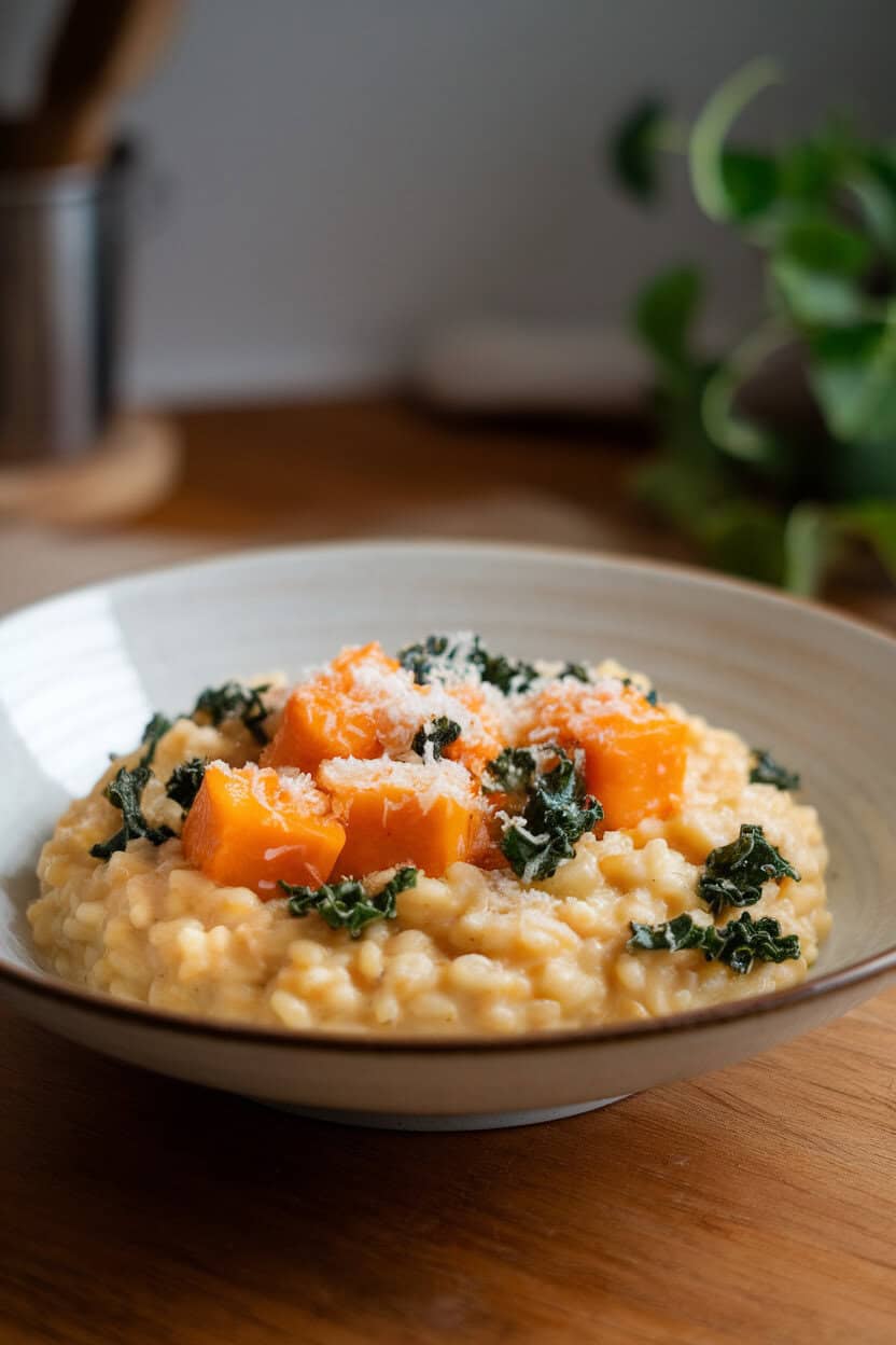 Indoor table image of a creamy risotto studded with orange butternut squash cubes and dark green kale ribbons, sprinkled with grated Parmesan. No text or logos present.