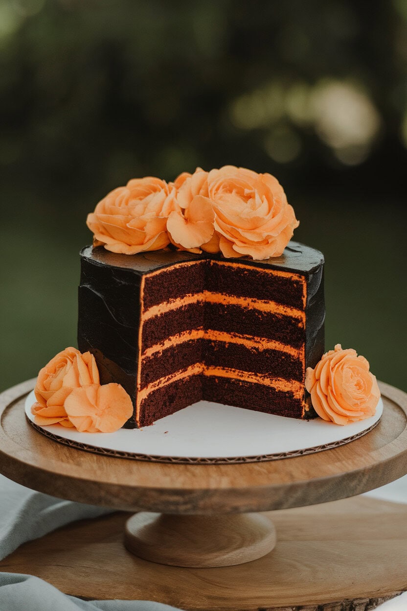 An indoor cake stand featuring a sliced black velvet layer cake with deep cocoa crumb and bright orange buttercream between layers. Gentle side lighting; no text or logos. Photo only.