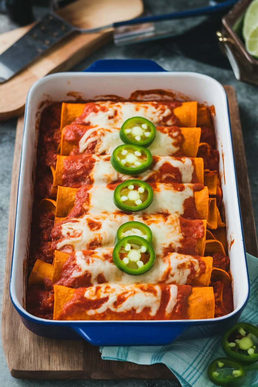 Photo of a baking dish packed with saucy turkey and sweet potato enchiladas, melted cheese on top, garnished with jalapeño slices indoors. No text or logos.