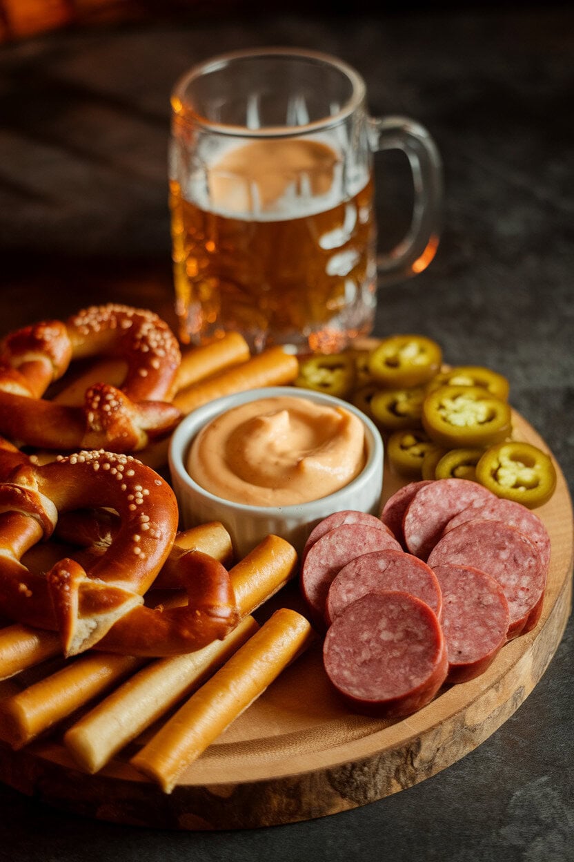 Indoor pub-style photo of soft pretzel sticks, beer cheese dip, beef summer sausage slices, and pickled jalapeños on a board. No text or logos.