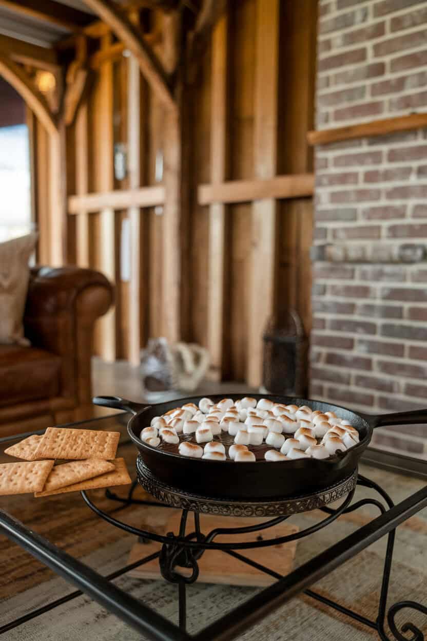 An indoor coffee table with a cast-iron skillet containing melted chocolate topped with toasted marshmallows, graham crackers alongside for dipping, no text or logos, photo style