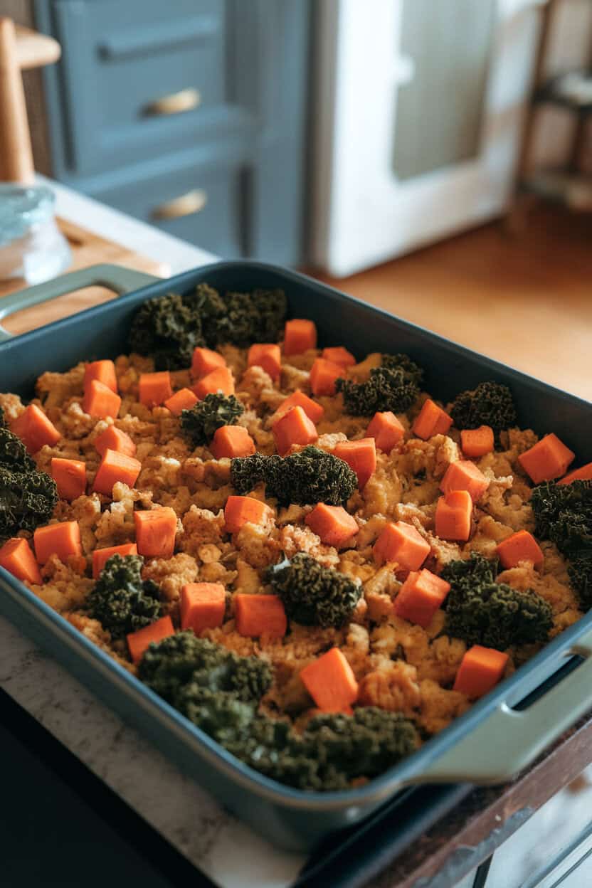 An indoor kitchen counter with a baking dish featuring orange sweet potato cubes and dark green kale throughout golden stuffing. No text or logos; photo, not illustration.