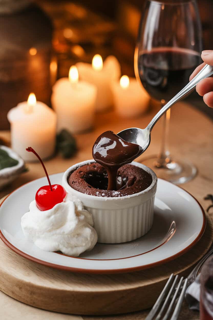 A warmly lit indoor scene with a spoon breaking into a gooey chocolate lava cake served in a small ramekin, no text or logos visible.