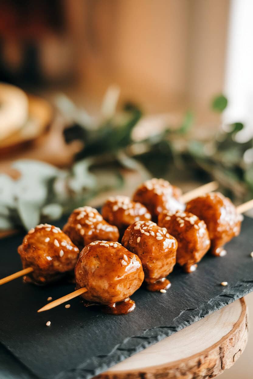A warmly lit indoor photo of glazed turkey meatballs threaded three to a skewer, sesame seeds sprinkled on top, resting on a slate board. No logos or text.