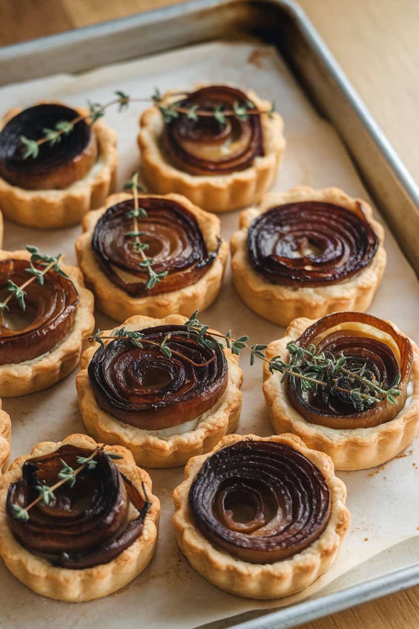 A baking sheet indoors holding mini puff-pastry tartlets topped with deeply browned onions and thyme leaves. No text or logos.