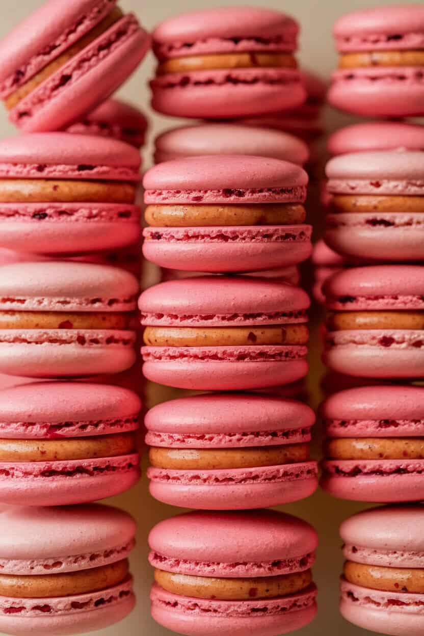 Photo prompt: An indoor pastry case view of pinkish-red cranberry macarons filled with spiced white chocolate ganache, no text or logos.