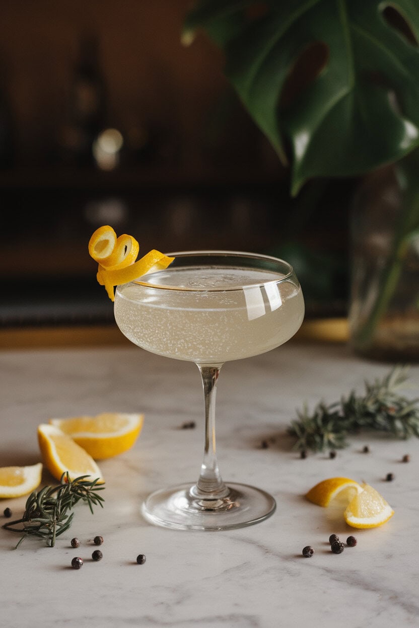 Indoor setting with a coupe glass of pale, effervescent French 75 on a marble bar, garnished with a curled lemon peel and surrounded by scattered juniper berries. No text or logos in frame; photo only.