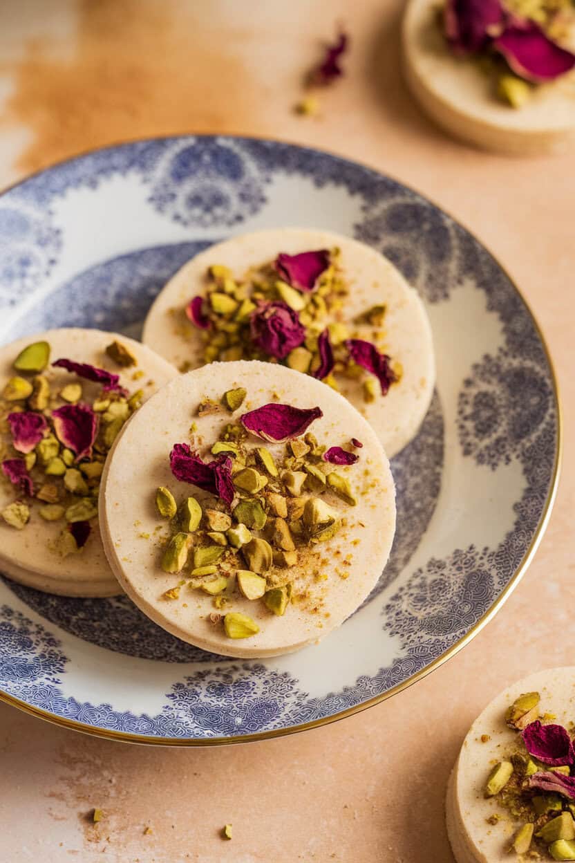 Pale shortbread rounds topped with crushed pistachios and dried rose petals on an indoor porcelain plate. No text or logos. Photo, not illustration.