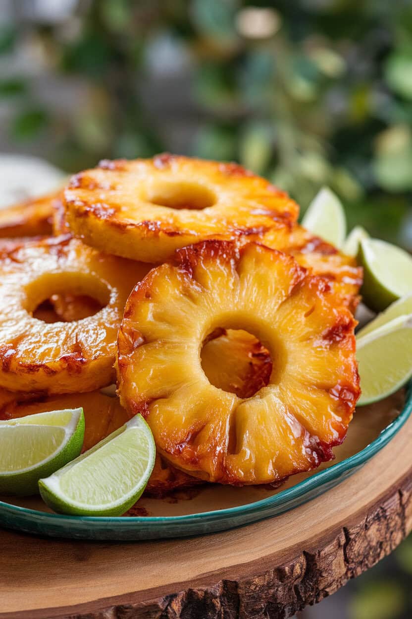 An indoor platter of caramelized pineapple rings glistening with rum glaze, lime wedges nearby—no text or logos.