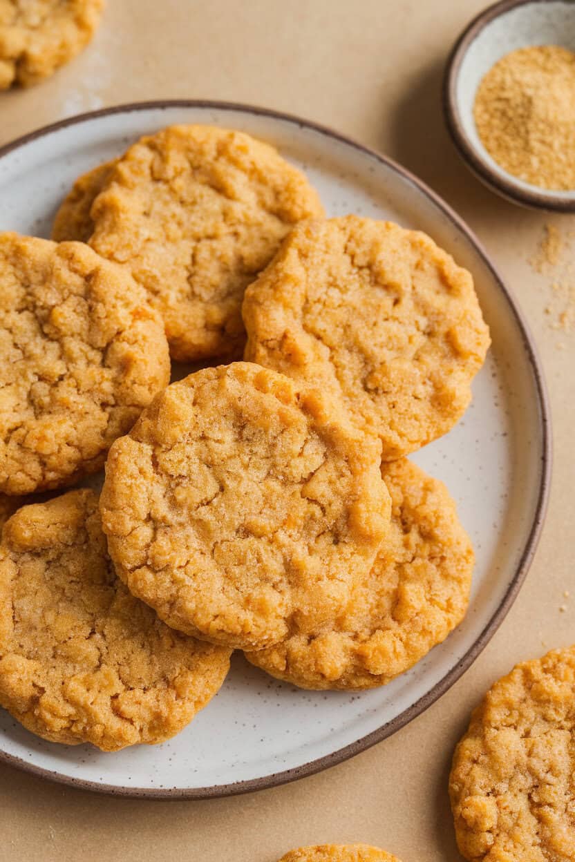Indoor plate of golden cornmeal cookies with slightly coarse texture, a small bowl of cornmeal off to side, no logos present.