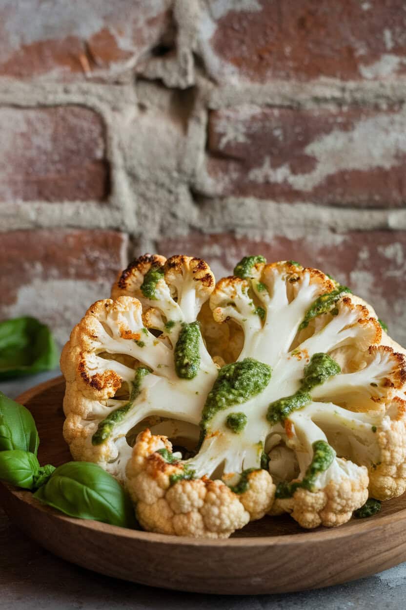Indoor photo of thick cauliflower slices roasted to golden brown, drizzled with green pesto on a plate. No text or logos.
