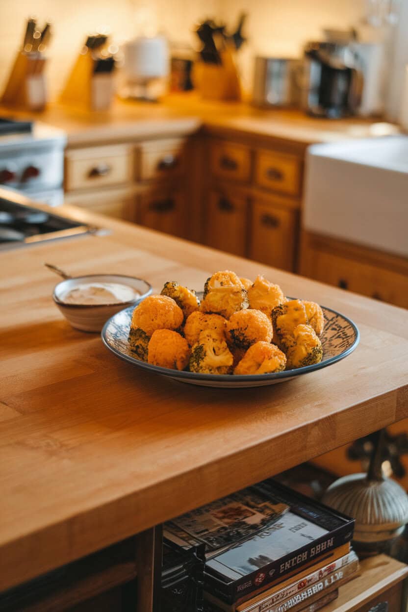 A warmly lit kitchen island holding a plate of golden broccoli cheese bites, small bowl of ranch dip nearby, no text in scene.