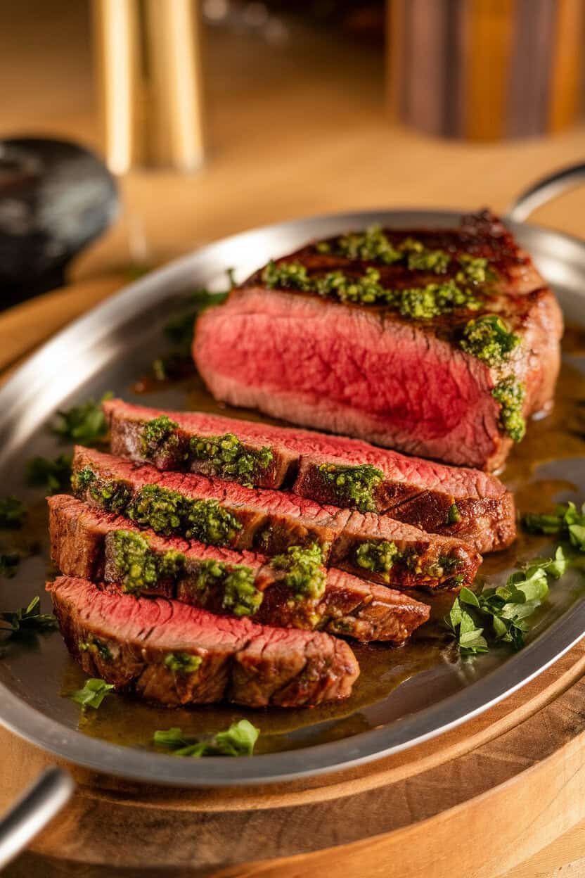 Indoor presentation photo of sliced medium-rare steak drizzled with green chimichurri sauce on a platter. No text or logos. Photo, not illustration.