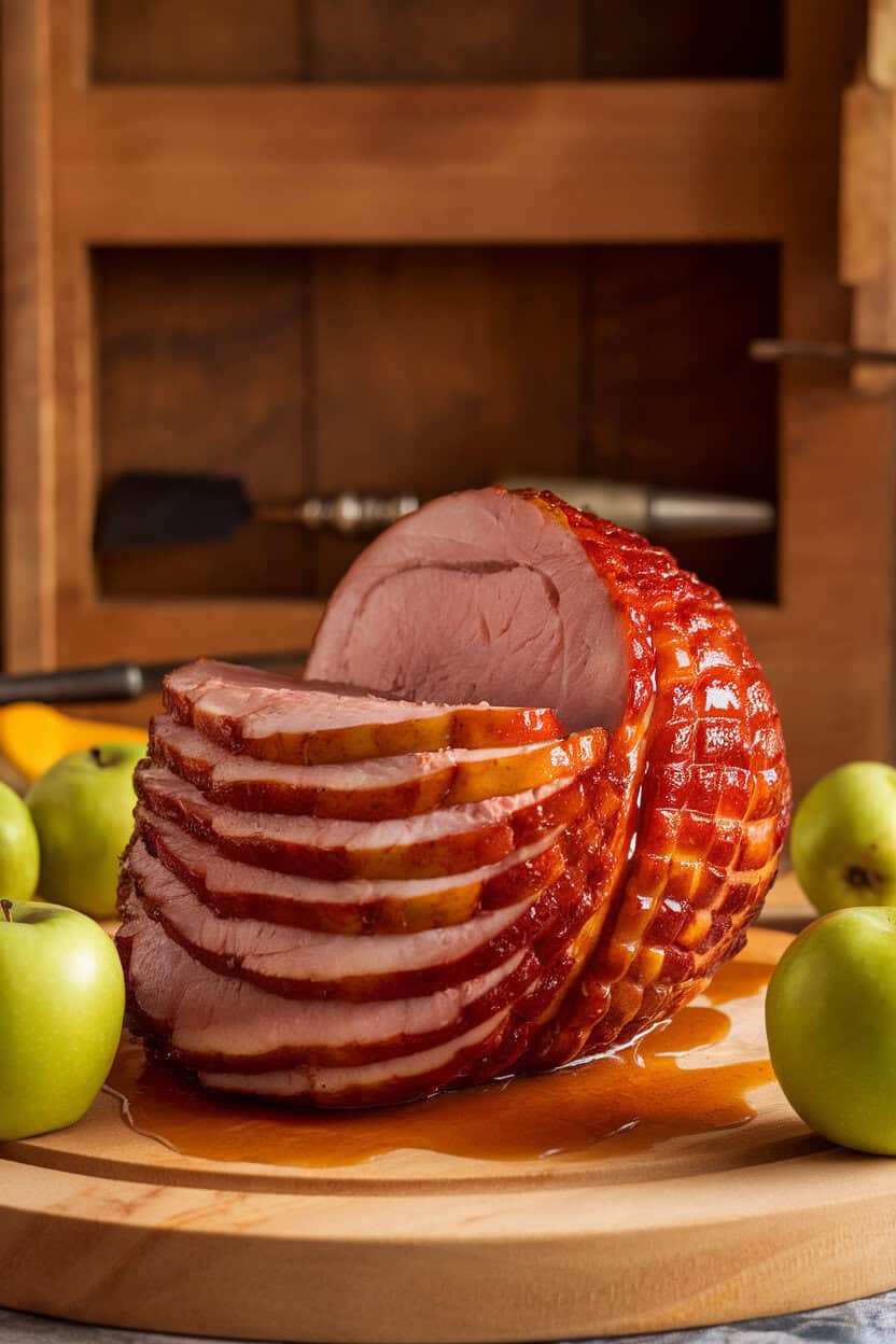 A sliced spiral ham lacquered with shiny apple cider glaze on a carving board, indoor dining room lighting, no logos.