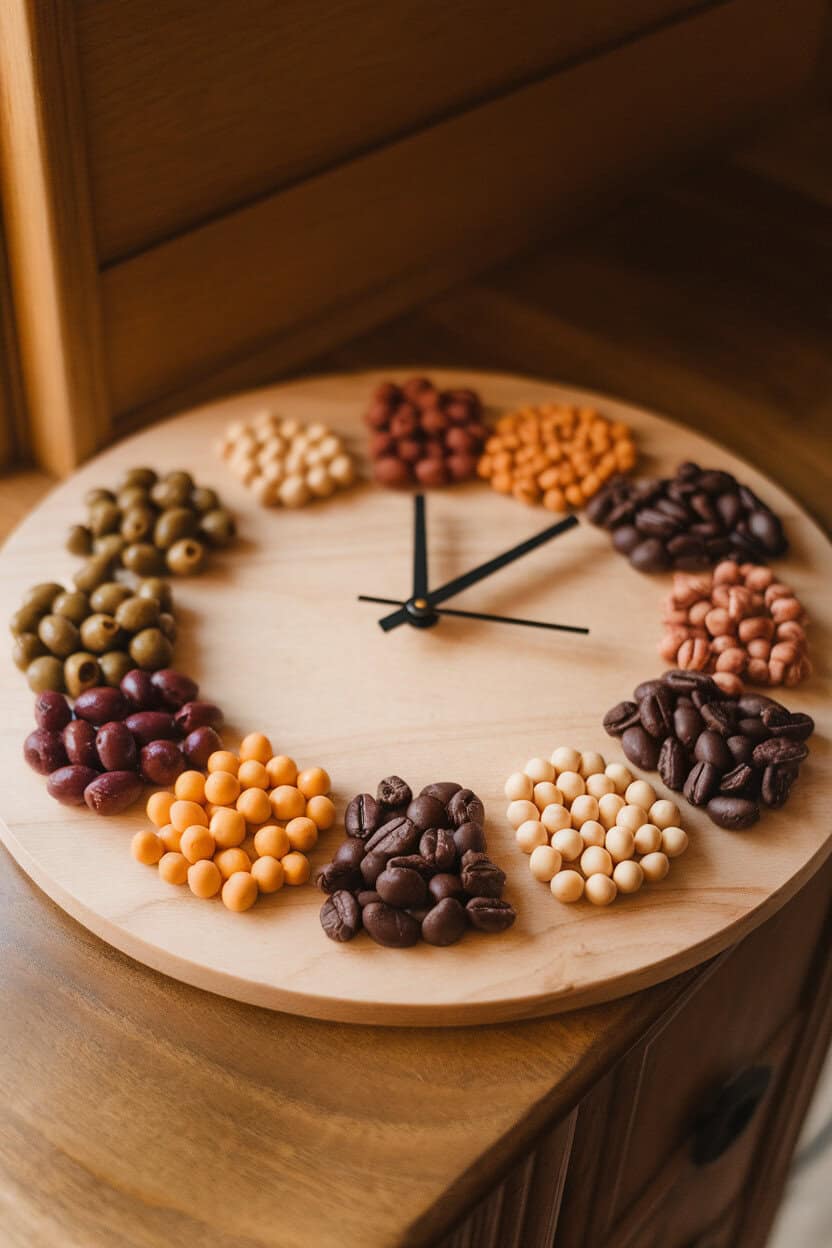 Indoor photo of twelve small piles of bites—starting with olives and ending with chocolate-covered espresso beans—arranged clockwise on a round board to represent a clock face. No text or logos. Photo, not illustration.