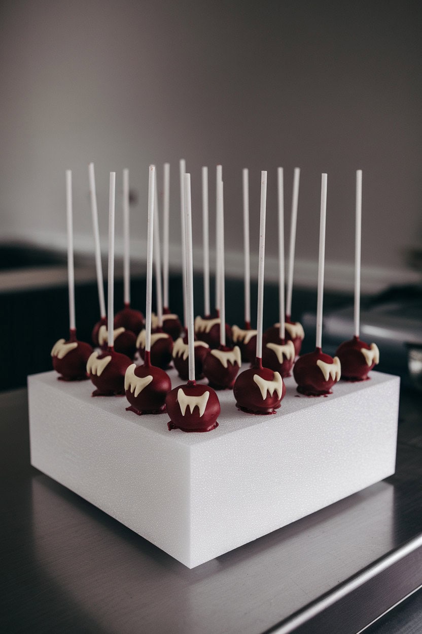 Photo, not illustration. Cake pops coated in deep red chocolate, each with a tiny white candy fang accent, displayed upright in a foam block on an indoor counter. No text or logos.