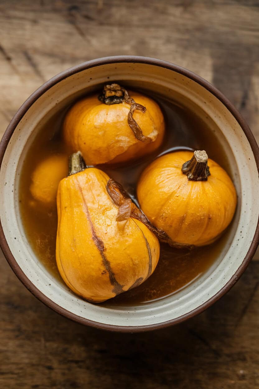 A ceramic bowl on an indoor table filled with tender simmered kabocha squash in a light soy-dashi broth, the edges slightly caramelized. No text or logos anywhere. Photo, not illustration.