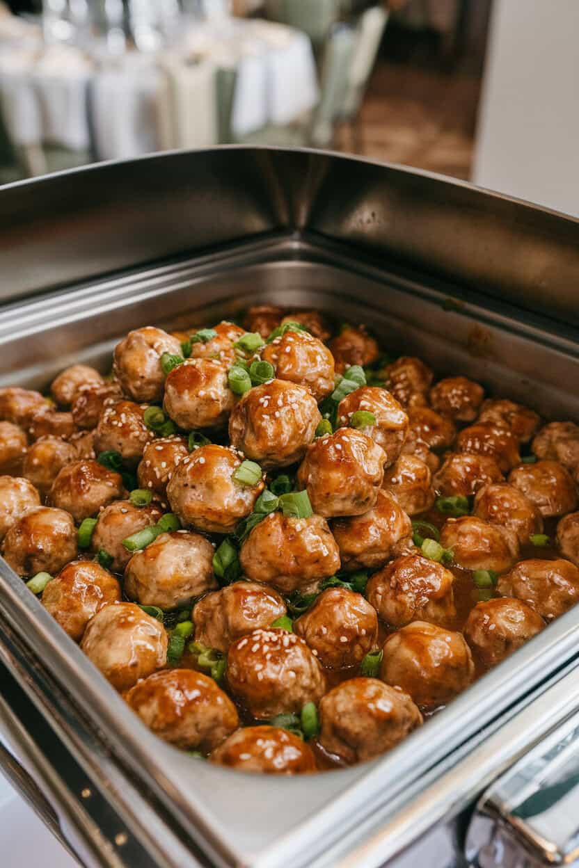 An indoor chafing dish filled with teriyaki-glazed meatballs, sesame seeds and green onions sprinkled over the top. No text or logos. Photo, not an illustration.