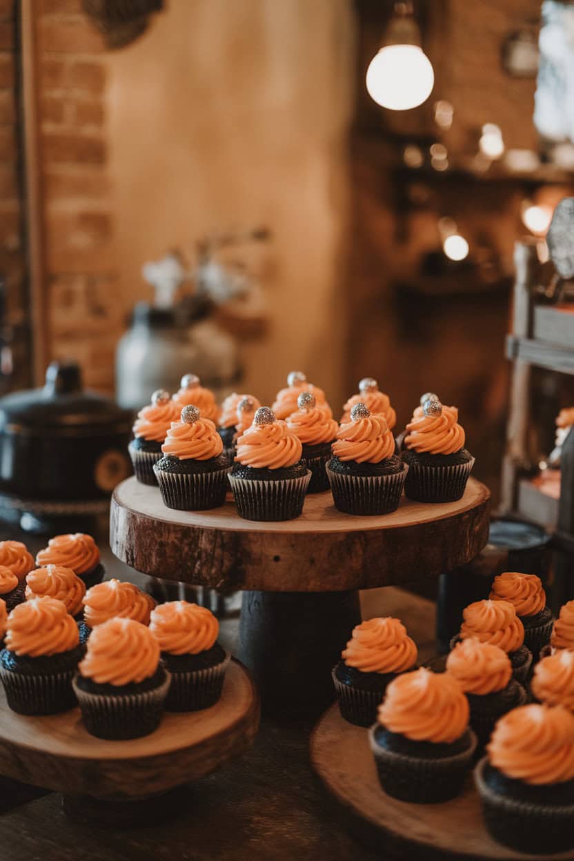 An indoor bakery display with pitch-black cupcakes, swirled with orange buttercream frosting and a single silver dragee on top. Warm bakery lighting; no text or logos.