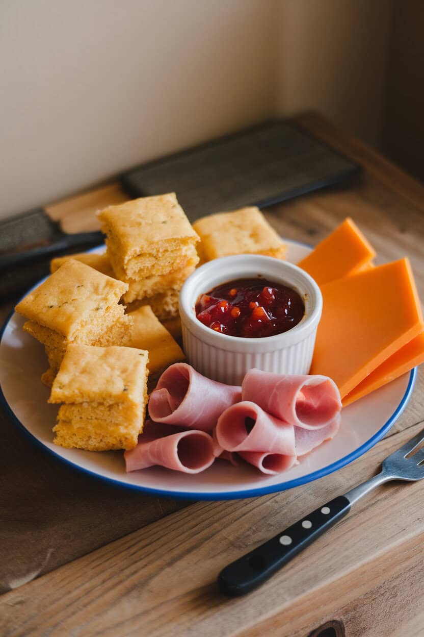 Indoor photo showing mini cornbread squares, thin country ham ribbons, pepper jelly in a ramekin, and cheddar slices. No text or logos.