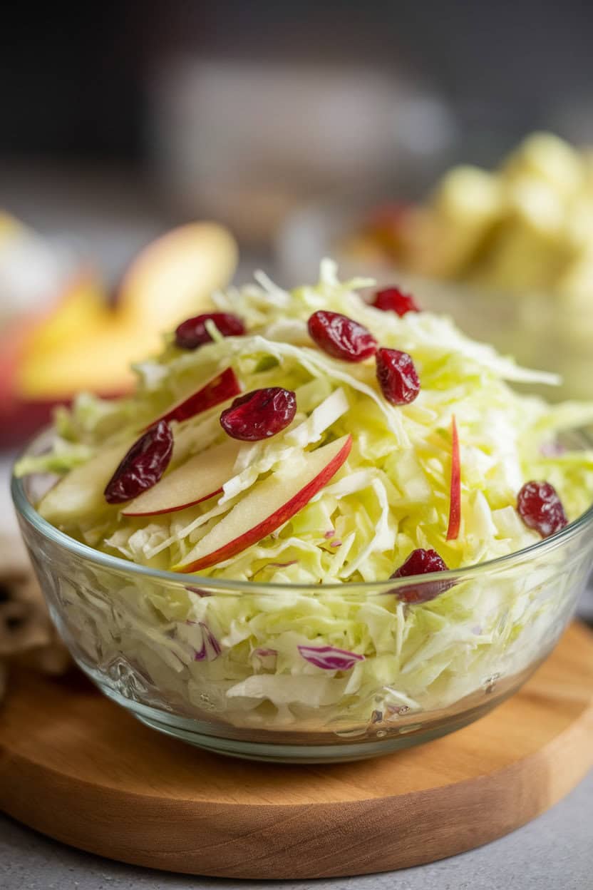 Indoor photo of bright coleslaw featuring shredded cabbage, apple matchsticks, and dried cranberries in a glass bowl. No text or logos.