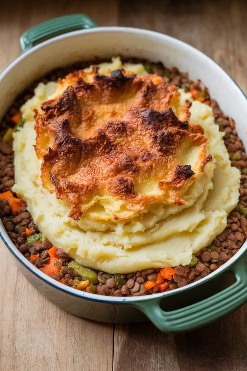 Indoor casserole dish with a layer of mashed potatoes browned on top, lentil and vegetable filling visible at the edges. No text or logos anywhere.